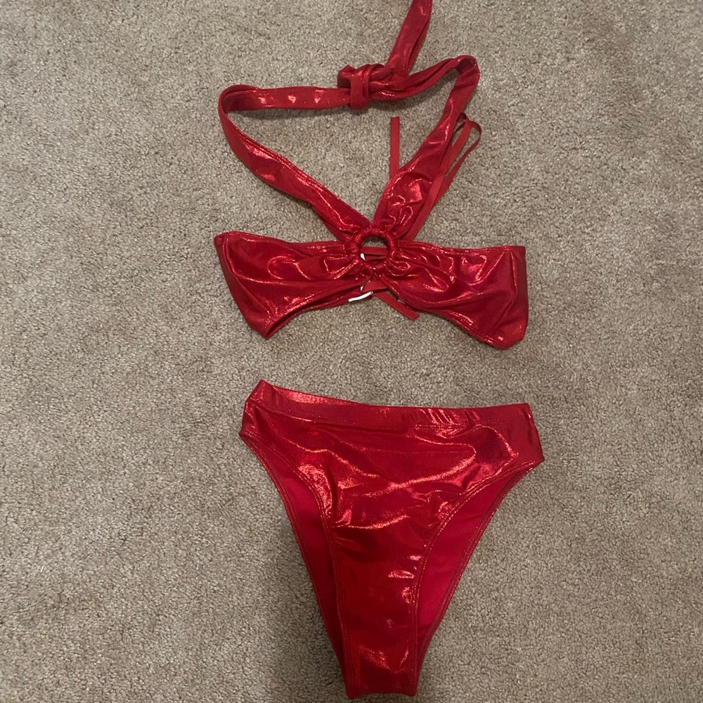 iHeartRaves Shiny Red Ring Halter Bikini Set